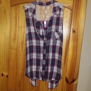 No Boundaries Plaid and Lace Split Back shirt